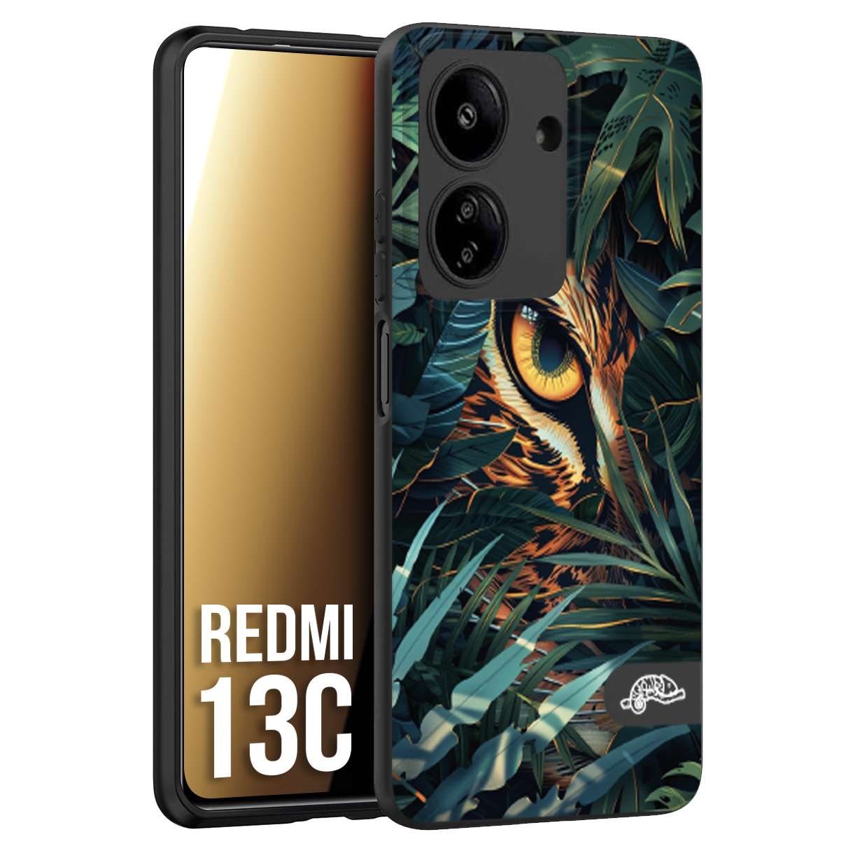 CUSTOMIZZA - Custodia cover nera morbida in tpu compatibile per Xiaomi Redmi 13C animali color giungla tropicale occhio di giaguaro felino disegnato