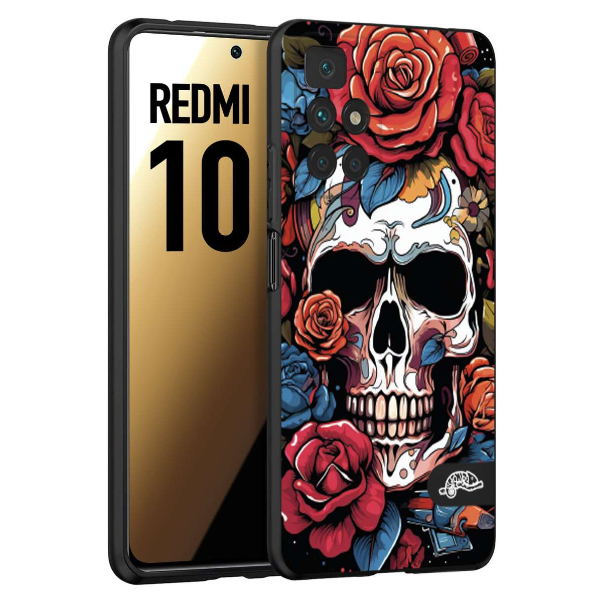 CUSTOMIZZA - Custodia cover nera morbida in tpu compatibile per Xiaomi Redmi 10 teschio skull flowers fiori rose rosse tattoo disegnato