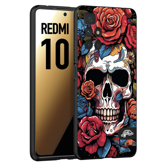 CUSTOMIZZA - Custodia cover nera morbida in tpu compatibile per Xiaomi Redmi 10 teschio skull flowers fiori rose rosse tattoo disegnato