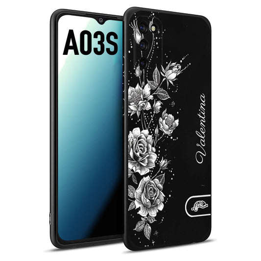 CUSTOMIZZA - Custodia cover nera morbida in tpu compatibile per Samsung A03S a rilievo soft touch personalizzata nome rose fiori donna