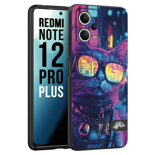 CUSTOMIZZA - Custodia cover nera morbida in tpu compatibile per Xiaomi Redmi Note 12 PRO PLUS animali cyberpunk gatto street cat fucsia blu giallo