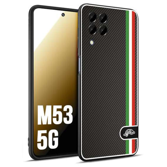 CUSTOMIZZA - Custodia cover nera morbida in tpu compatibile per Samsung M53 5G effetto fibra di carbonio bandiera Italia made in Italy