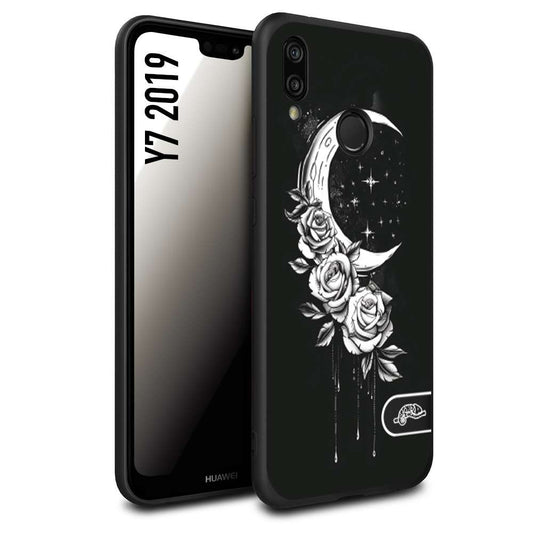 CUSTOMIZZA - Custodia cover nera morbida in tpu compatibile per Huawei Y7 2019 luna e fiori moon flowers black and white bianco a rilievo disegnato tattoo tatuaggio