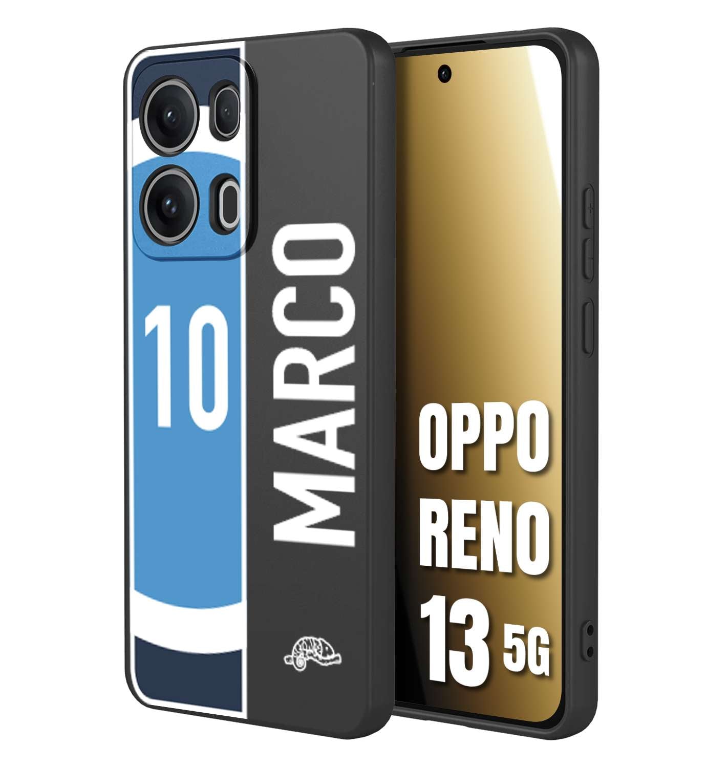 CUSTOMIZZA - Custodia cover nera morbida in tpu compatibile per Oppo Reno 13 5G personalizzata calcio football nome e numero calciatori biancoazzurri bianco celesti