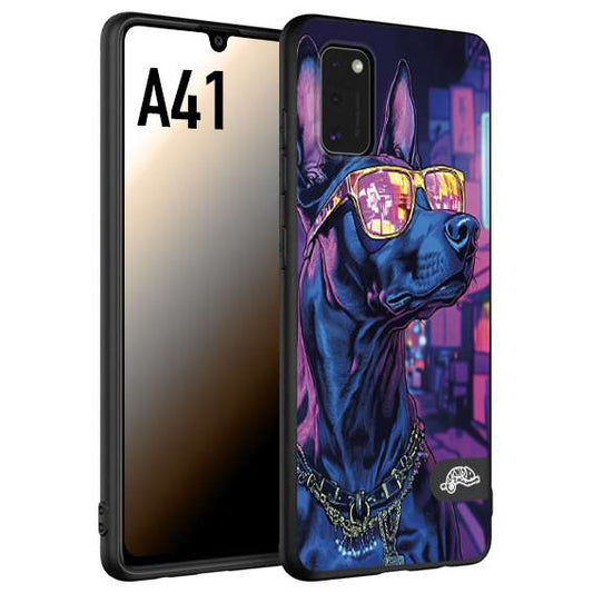 CUSTOMIZZA - Custodia cover nera morbida in tpu compatibile per Samsung A41 animali cyberpunk dobermann cane street dog fucsia blu night