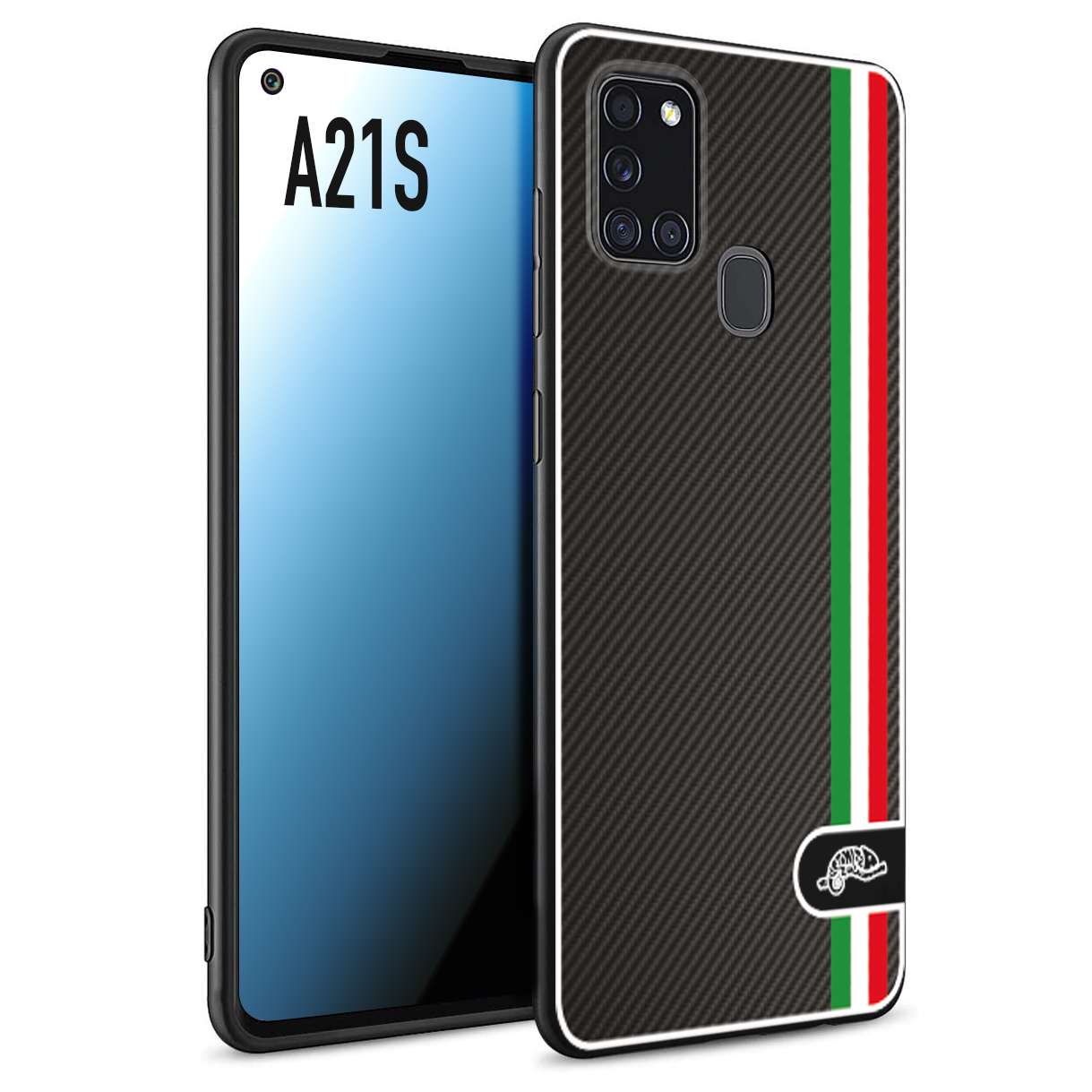 CUSTOMIZZA - Custodia cover nera morbida in tpu compatibile per Samsung A21S effetto fibra di carbonio bandiera Italia made in Italy