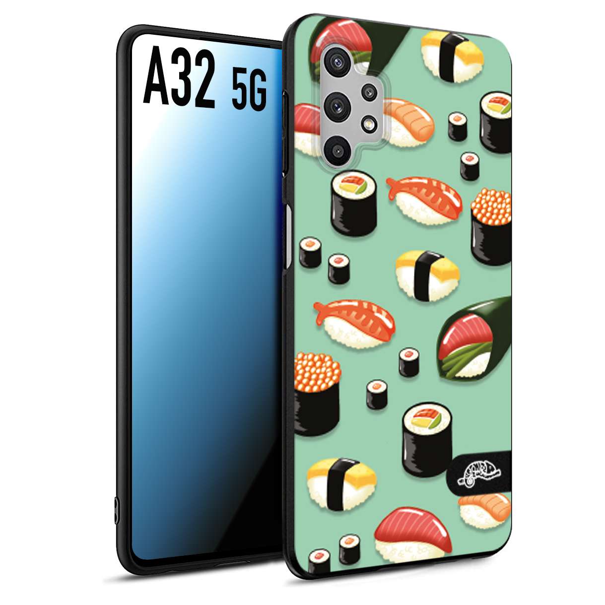 CUSTOMIZZA - Custodia cover nera morbida in tpu compatibile per Samsung A32 5G sushi disegni giapponese nighiri acquamarina verde