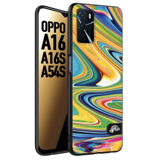 CUSTOMIZZA - Custodia cover nera morbida in tpu compatibile per Oppo A16 - A16S - A54S colorata fantasia vortice marmo arcobaleno gialla verde blu