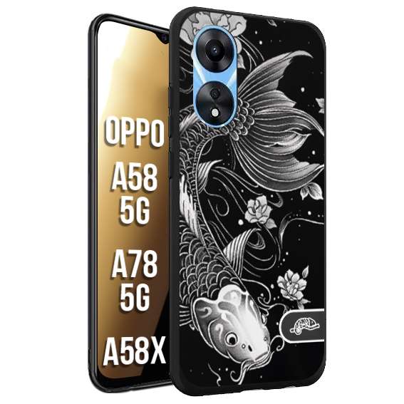 CUSTOMIZZA - Custodia cover nera morbida in tpu compatibile per Oppo A58 5G - A78 5G - A58X carpa koi black and white bianco a rilievo disegnato tattoo tatuaggio