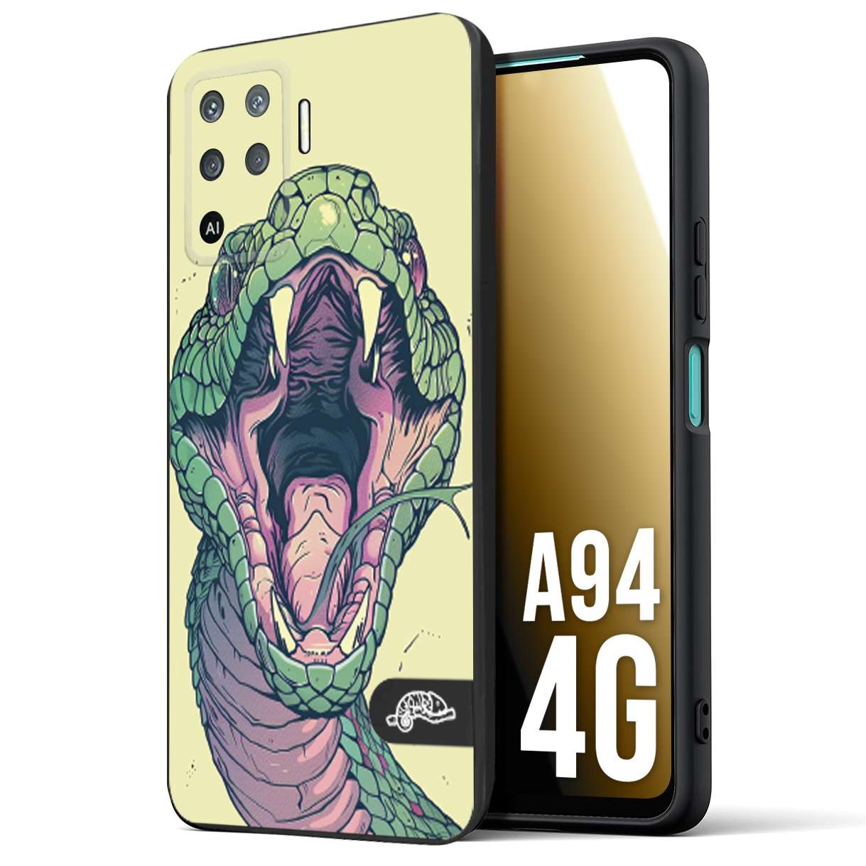 CUSTOMIZZA - Custodia cover nera morbida in tpu compatibile per Oppo A94 4G snake yellow green serpente tatuaggio tattoo disegnato a mano