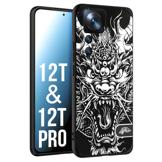 CUSTOMIZZA - Custodia cover nera morbida in tpu compatibile per Xiaomi 12T - 12T PRO drago black and white bianco a rilievo disegnato tattoo tatuaggio