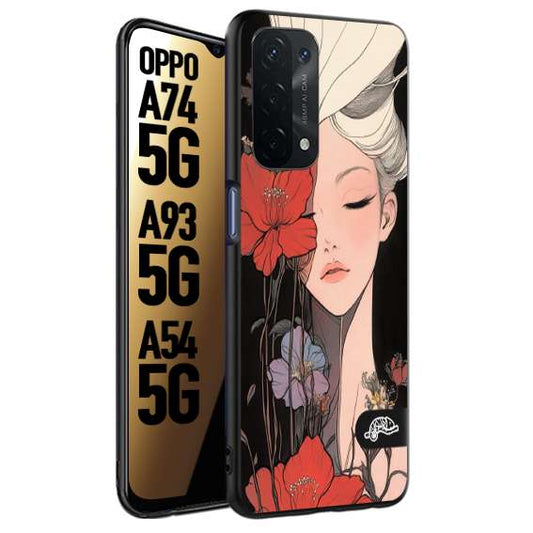 CUSTOMIZZA - Custodia cover nera morbida in tpu compatibile per Oppo A74 5G - A93 5G - A54 5G woman flower Fantasia Floreale Design Donna e Fiori, Retro Artistico