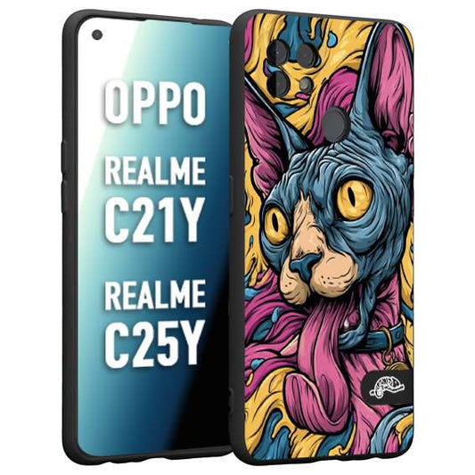 CUSTOMIZZA - Custodia cover nera morbida in tpu compatibile per Realme C21Y - C25Y Sphynx Colorato Pop Art Psichedelico Gatto Blu Rosa Giallo Artistica Fantasy