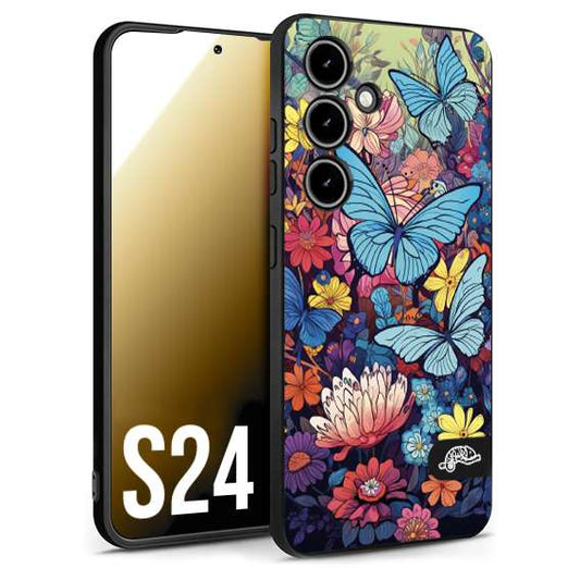 CUSTOMIZZA - Custodia cover nera morbida in tpu compatibile per Samsung S24 farfalle butterfly moderno donna disegnate gialla blu rosa