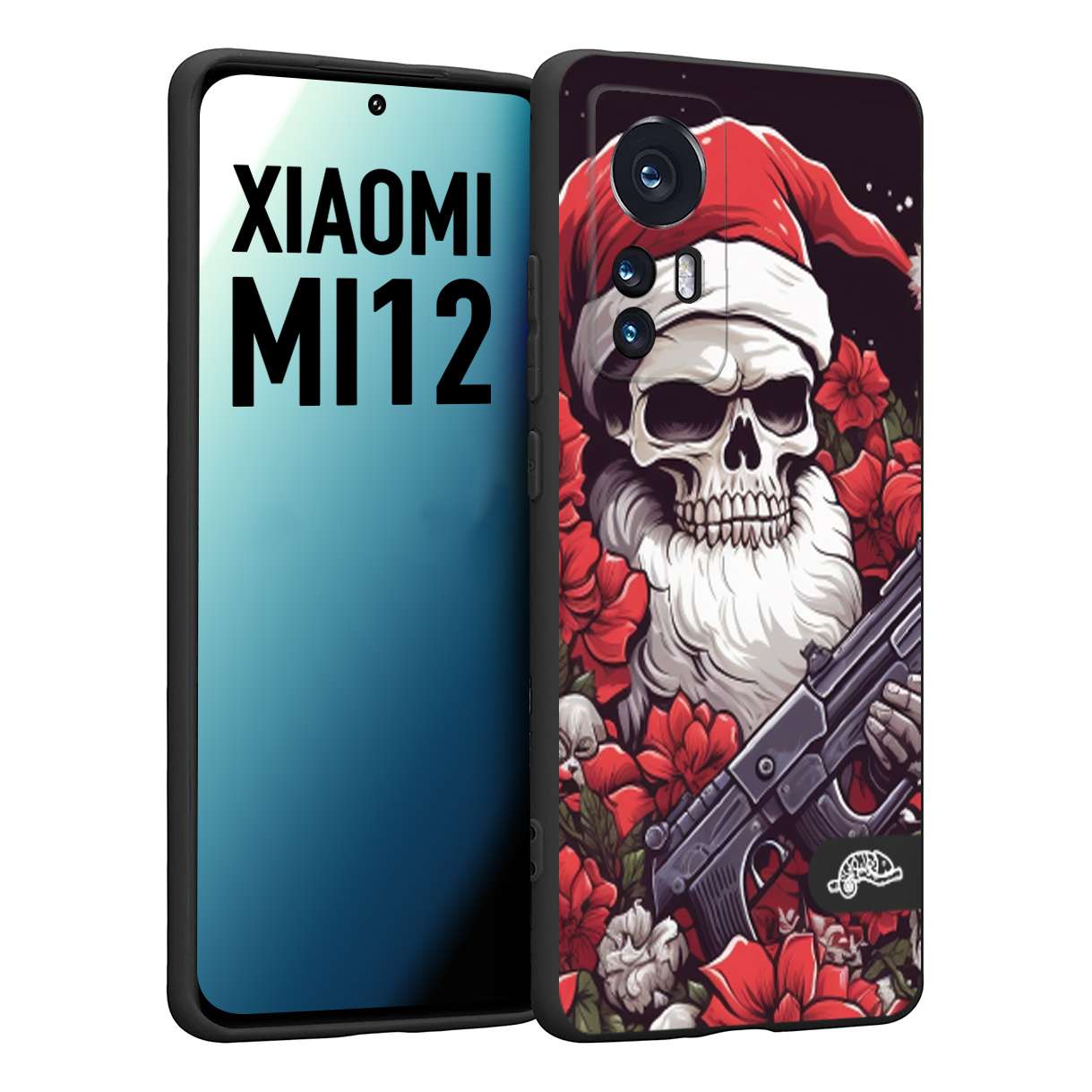 CUSTOMIZZA - Custodia cover nera morbida in tpu compatibile per Xiaomi 12 5G teschio natale santa claus fiori tattoo disegnato