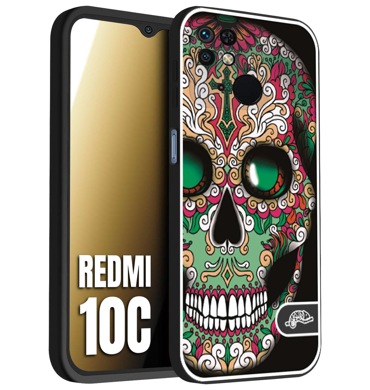 CUSTOMIZZA - Custodia cover nera morbida in tpu compatibile per Xiaomi Redmi 10C teschio messicano Mexican skull verde fucsia