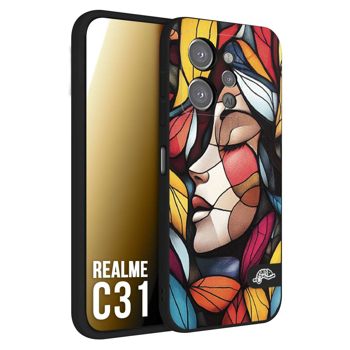 CUSTOMIZZA - Custodia cover nera morbida in tpu compatibile per Realme C31 Vetrata artistica volto di donna profilo fogliare mosaico di vetro colorato