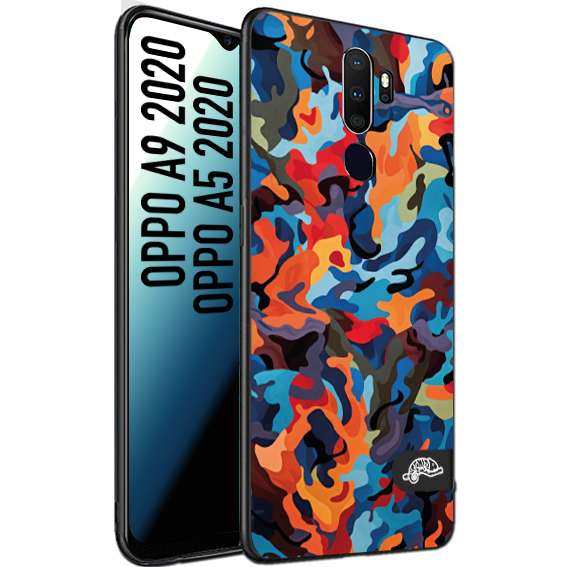 CUSTOMIZZA - Custodia cover nera morbida in tpu compatibile per Oppo A9 2020 - A5 2020 camouflage mimetico militare moderno blu arancio rosso