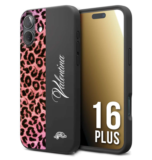 CUSTOMIZZA - Custodia cover nera morbida in tpu compatibile per iPhone 16 PLUS leopardato rosa fucsia personalizzata nome iniziali