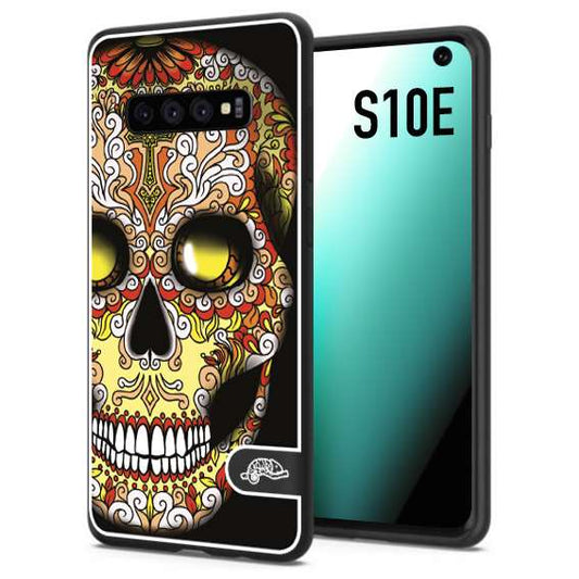 CUSTOMIZZA - Custodia cover nera morbida in tpu compatibile per Samsung S10E teschio messicano Mexican skull giallo rosso arancio