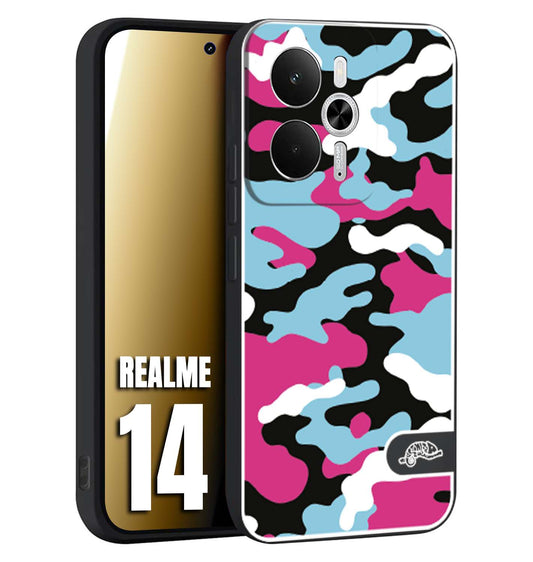 CUSTOMIZZA - Custodia cover nera morbida in tpu compatibile per Realme 14 5G camouflage mimetico militare fucsia celeste
