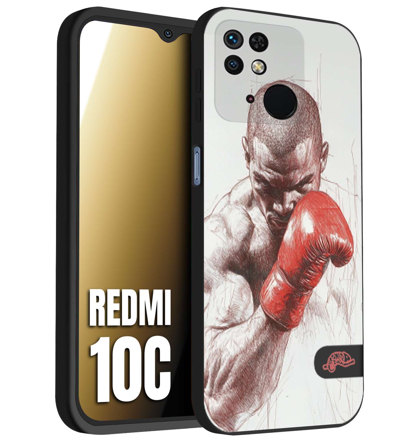 CUSTOMIZZA - Custodia cover nera morbida in tpu compatibile per Xiaomi Redmi 10C pugilato pugili disegno tattoo guantoni box sport primo piano