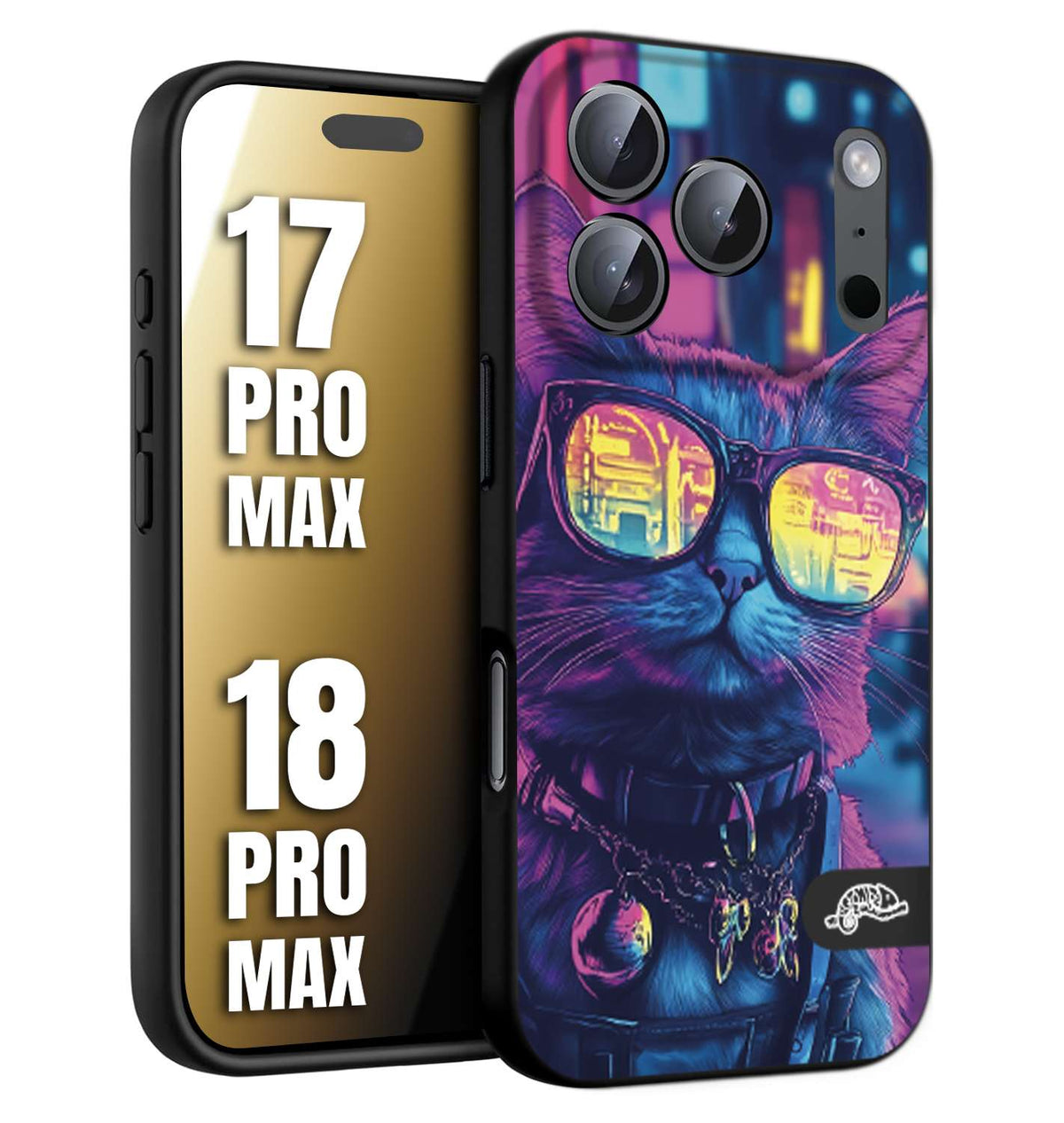 CUSTOMIZZA - Custodia cover nera morbida in tpu compatibile per iPhone 17 PRO MAX - 18 PRO MAX animali cyberpunk gatto street cat fucsia blu giallo