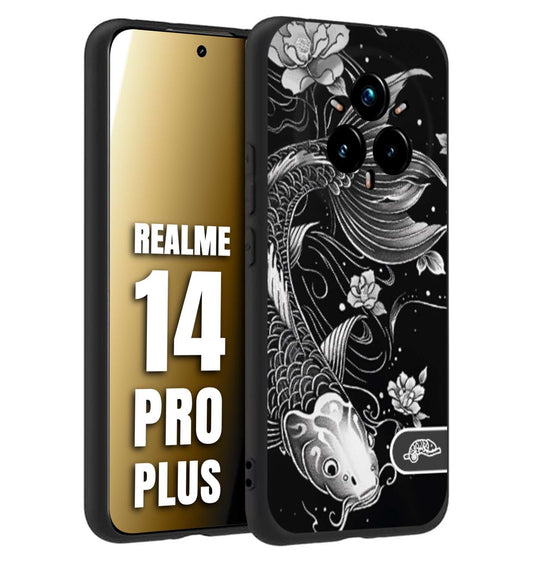 CUSTOMIZZA - Custodia cover nera morbida in tpu compatibile per Realme 14 PRO PLUS carpa koi black and white bianco a rilievo disegnato tattoo tatuaggio
