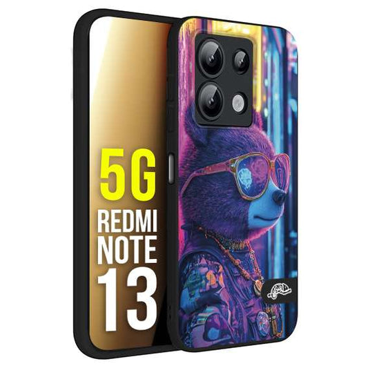 CUSTOMIZZA - Custodia cover nera morbida in tpu compatibile per Xiaomi Redmi Note 13 5G animali cyberpunk orsetto orso street bear fucsia blu night