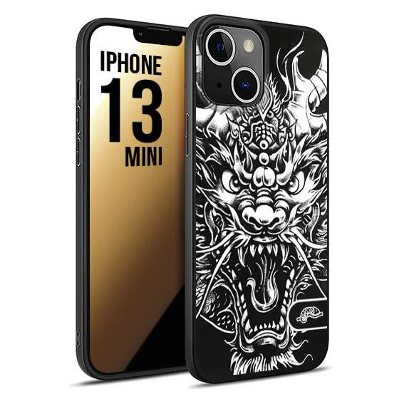 CUSTOMIZZA - Custodia cover nera morbida in tpu compatibile per iPhone 13 MINI drago black and white bianco a rilievo disegnato tattoo tatuaggio