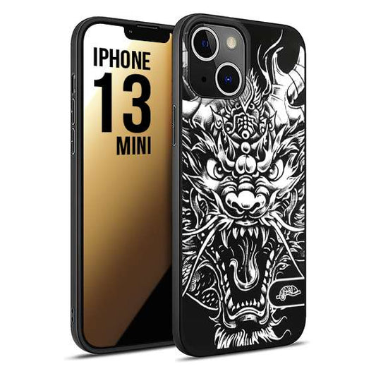 CUSTOMIZZA - Custodia cover nera morbida in tpu compatibile per iPhone 13 MINI drago black and white bianco a rilievo disegnato tattoo tatuaggio