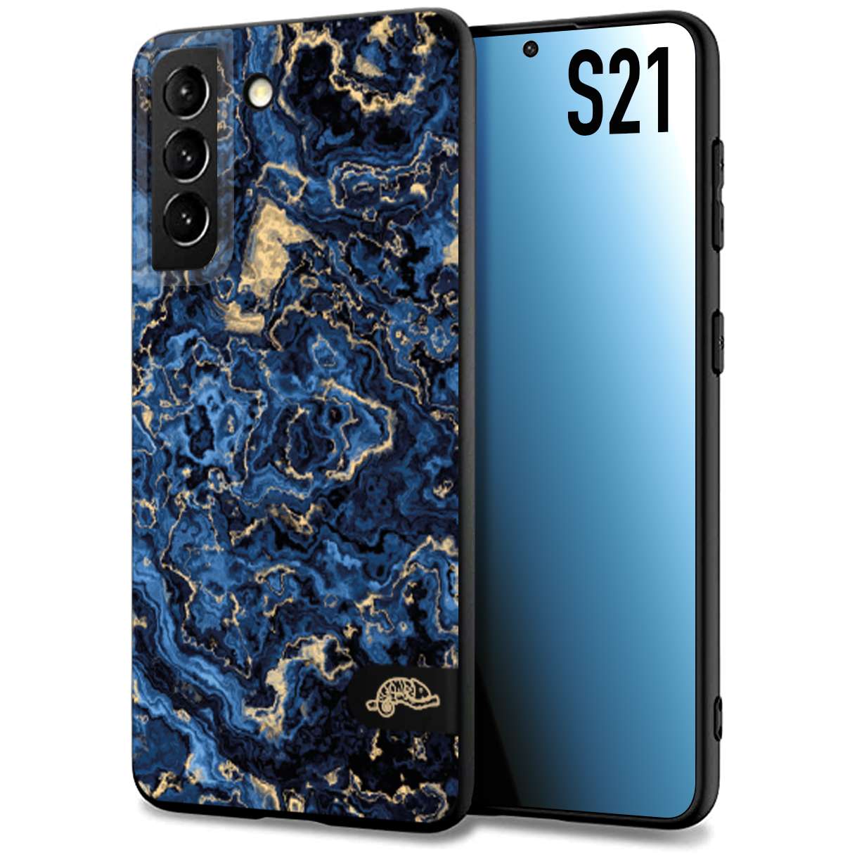 CUSTOMIZZA - Custodia cover nera morbida in tpu compatibile per Samsung S21 effetto marmo marble blu venature dorato psichedelico