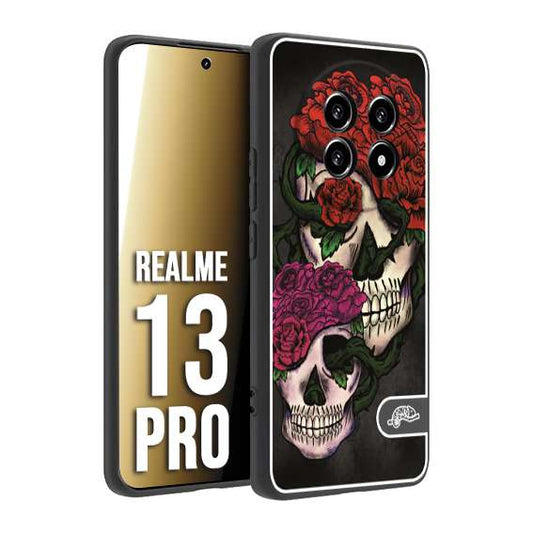 CUSTOMIZZA - Custodia cover nera morbida in tpu compatibile per Realme 13 PRO teschi e rose rosse fucsia skull and roses