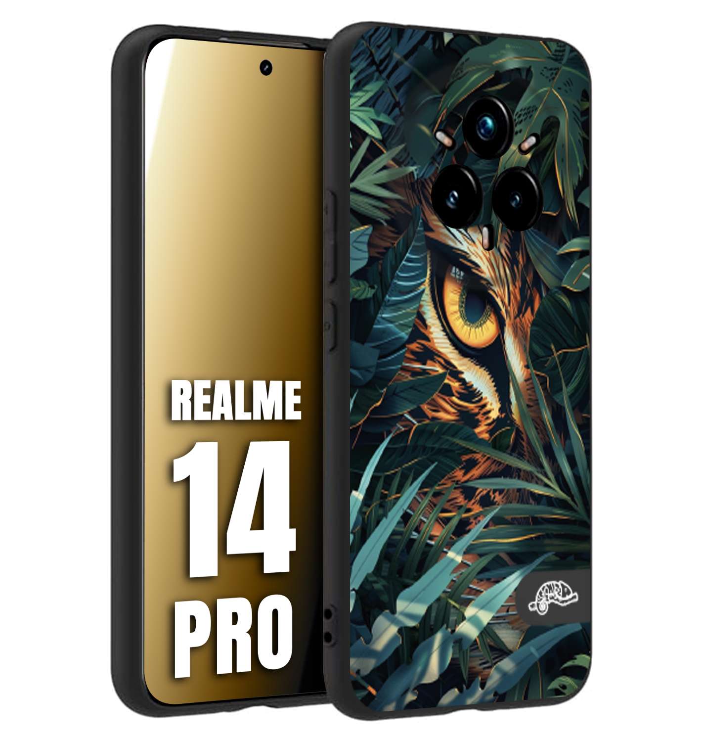 CUSTOMIZZA - Custodia cover nera morbida in tpu compatibile per Realme 14 PRO animali color giungla tropicale occhio di giaguaro felino disegnato