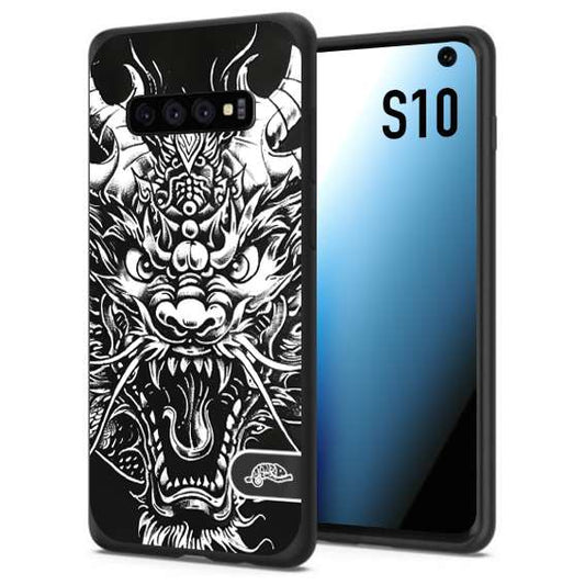 CUSTOMIZZA - Custodia cover nera morbida in tpu compatibile per Samsung S10 drago black and white bianco a rilievo disegnato tattoo tatuaggio