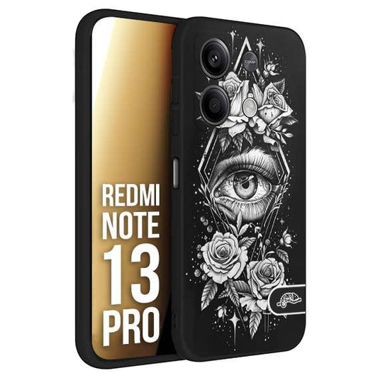 CUSTOMIZZA - Custodia cover nera morbida in tpu compatibile per Xiaomi Redmi Note 13 PRO occhio fiori rombo geometrico black and white bianco a rilievo disegnato tattoo tatuaggio