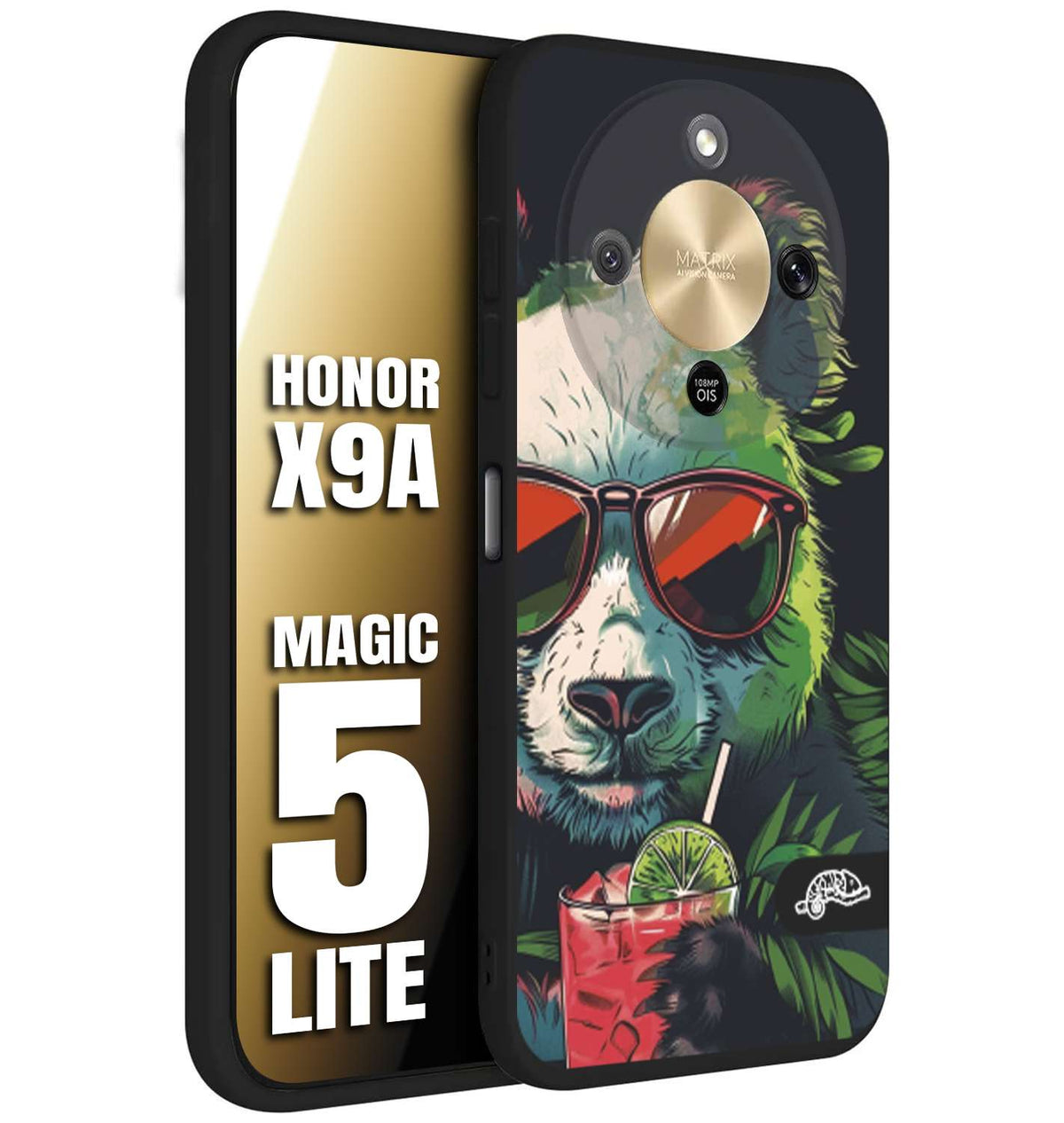 CUSTOMIZZA - Custodia cover nera morbida in tpu compatibile per Honor X9A - Honor Magic 5 Lite estate disegnata cocktails animali simpatici panda mojito