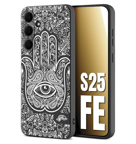CUSTOMIZZA - Custodia cover nera morbida in tpu compatibile per Samsung S25 FE mano di fatima effetto rilievo mandala donna