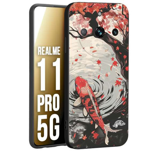 CUSTOMIZZA - Custodia cover nera morbida in tpu compatibile per Oppo Realme 11 PRO 5G giapponese lago carpa koi rossa con foglie d'acero rosso disegnata tattoo