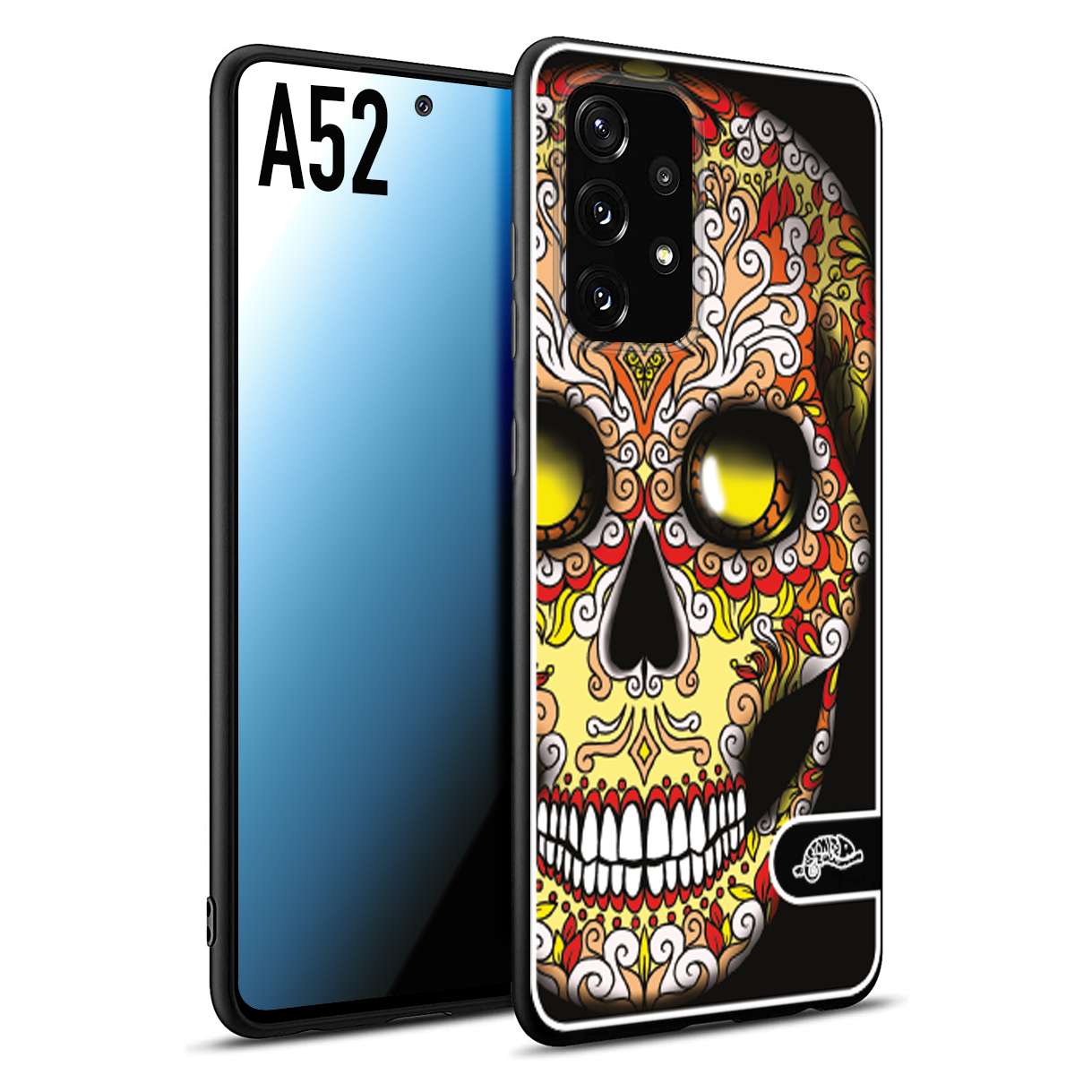 CUSTOMIZZA - Custodia cover nera morbida in tpu compatibile per Samsung A52 teschio messicano Mexican skull giallo rosso arancio