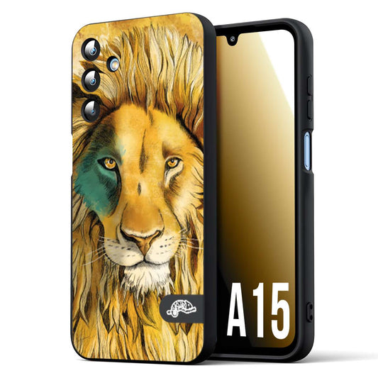 CUSTOMIZZA - Custodia cover nera morbida in tpu compatibile per Samsung A15 5G leone lion disegnato a mano giallo blu a rilievo artistico brown