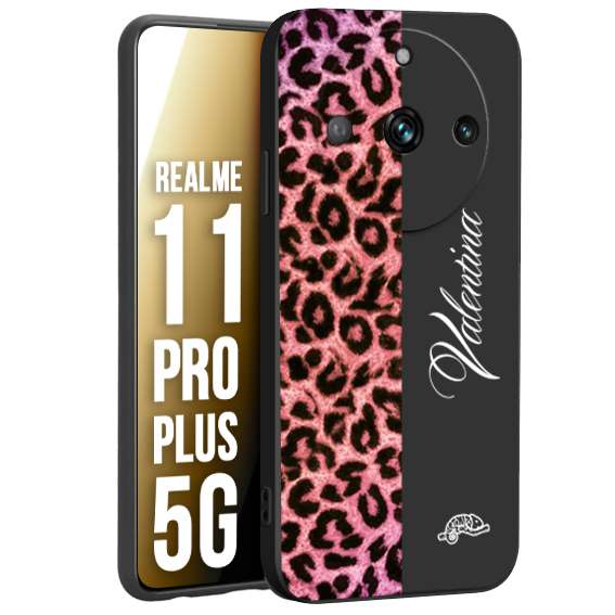 CUSTOMIZZA - Custodia cover nera morbida in tpu compatibile per Oppo Realme 11 PRO PLUS 5G leopardato rosa fucsia personalizzata nome iniziali