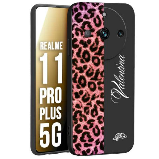 CUSTOMIZZA - Custodia cover nera morbida in tpu compatibile per Oppo Realme 11 PRO PLUS 5G leopardato rosa fucsia personalizzata nome iniziali