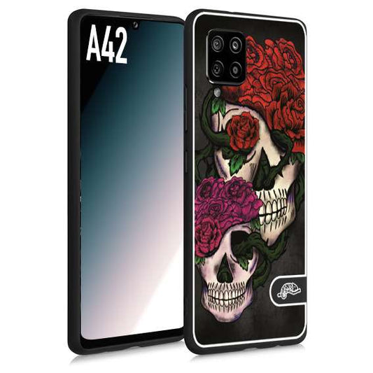CUSTOMIZZA - Custodia cover nera morbida in tpu compatibile per Samsung A42 teschi e rose rosse fucsia skull and roses