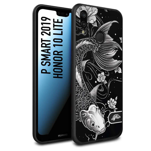 CUSTOMIZZA - Custodia cover nera morbida in tpu compatibile per Huawei P Smart 2019 carpa koi black and white bianco a rilievo disegnato tattoo tatuaggio