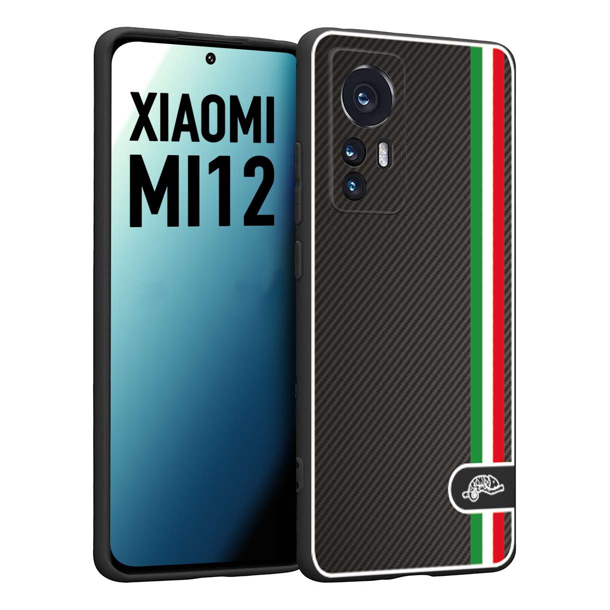 CUSTOMIZZA - Custodia cover nera morbida in tpu compatibile per Xiaomi 12 5G effetto fibra di carbonio bandiera Italia made in Italy