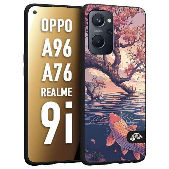 CUSTOMIZZA - Custodia cover nera morbida in tpu compatibile per Realme 9i - A96 - A76 giapponese lago carpa koi rosa con foglie d'acero disegnata tattoo