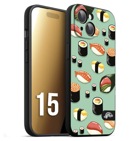 CUSTOMIZZA - Custodia cover nera morbida in tpu compatibile per iPhone 15 sushi disegni giapponese nighiri acquamarina verde
