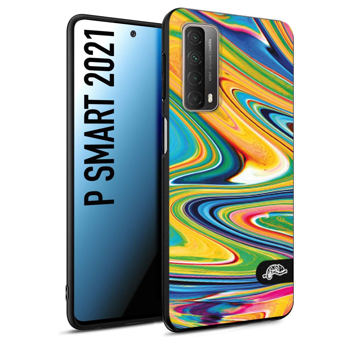 CUSTOMIZZA - Custodia cover nera morbida in tpu compatibile per Huawei P Smart 2021 colorata fantasia vortice marmo arcobaleno gialla verde blu