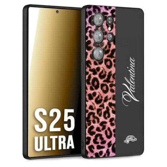CUSTOMIZZA - Custodia cover nera morbida in tpu compatibile per Samsung S25 ULTRA leopardato rosa fucsia personalizzata nome iniziali